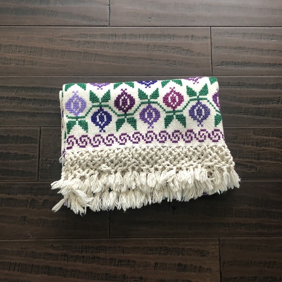 Handmade Other - Vintage Hand Knit Floral Lap Blanket Table Runner Fringe Edge MCM 75" x 28"